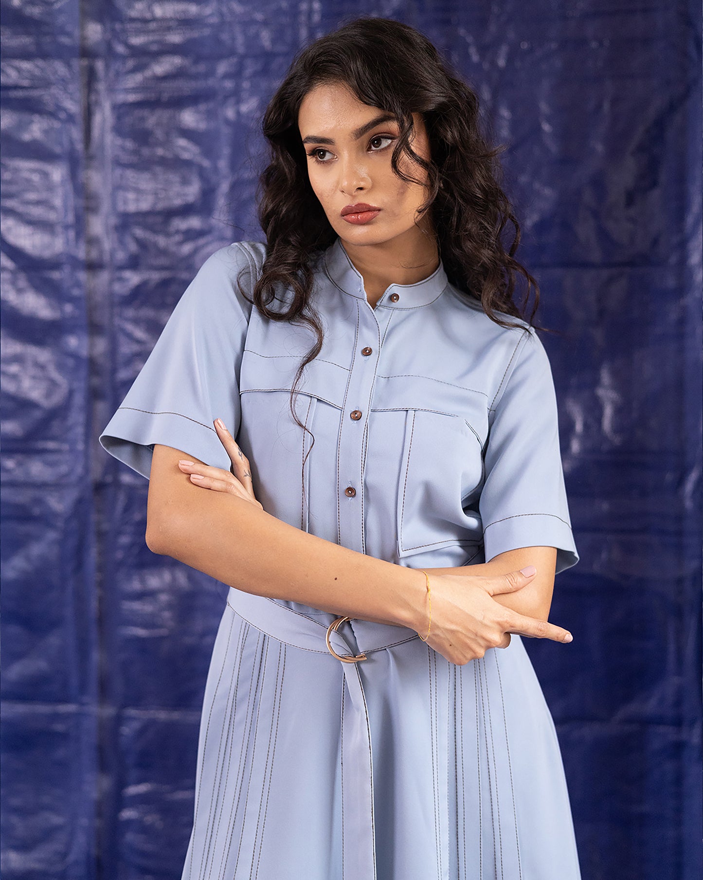 CADENCE TOPSTITCH DRESS - BLUE