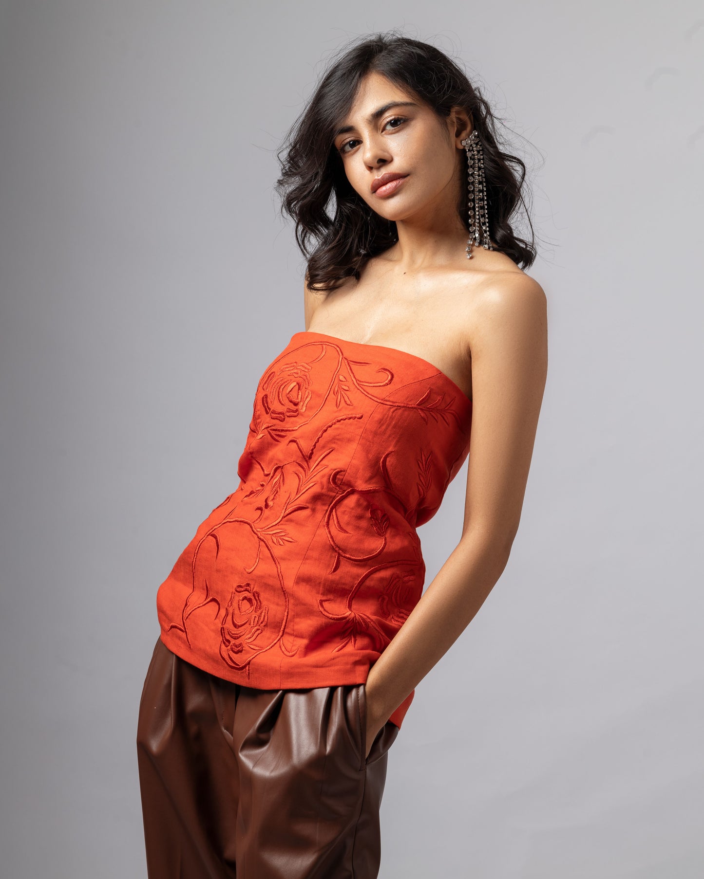 ROSETTE LINEN EMBROIDERED CORSET