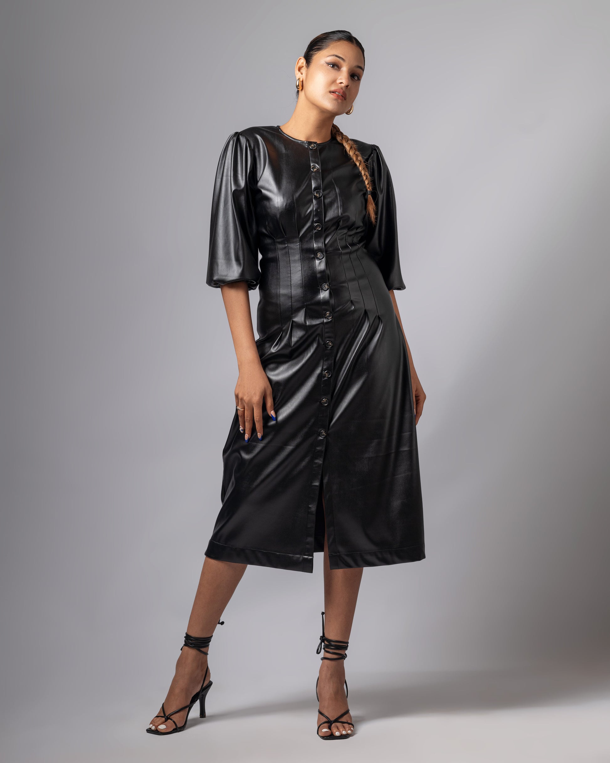 black leather dress with long sleeves Gold-Button Faux-Leather | Dolce Cabo have addition to your wardrobe Clothing: Midi Dresses: 'Viola' Black